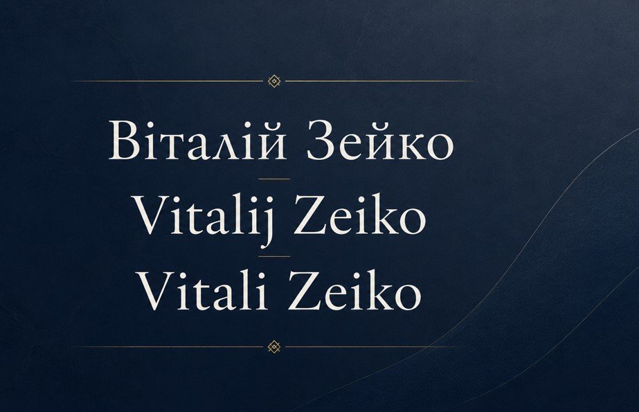 Verschillende schrijfwijzen van de naam Vitali Zeiko: Віталій Зейко, Vitalij Zeiko en Vitali Zeiko